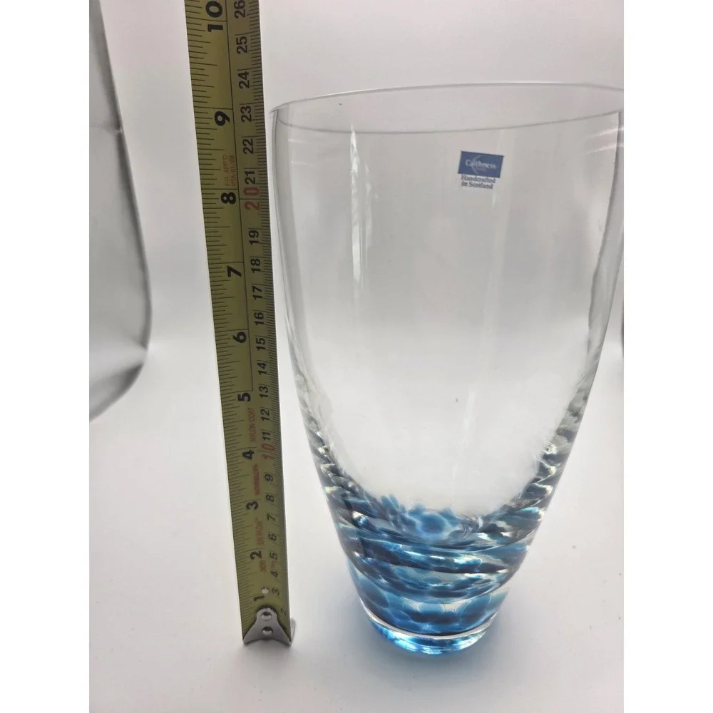 Caithness Scotland Art Glass Vase Blue Controlled Bubble Base Signed Label 9